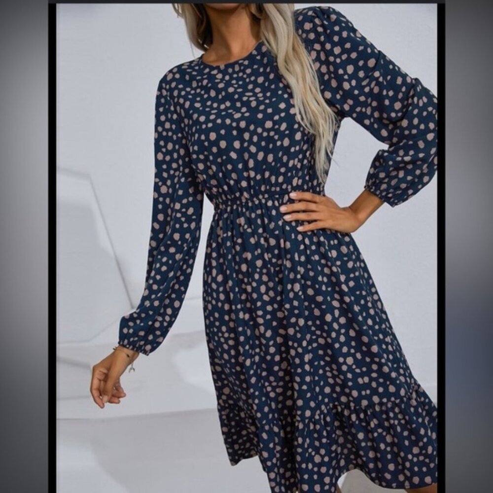 SHEIN Long Sleeve Navy Blue Dalmatian Print Tiered Hem Dress